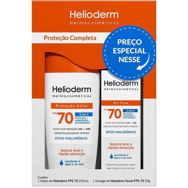 kit helioderm protetor solar corporal fps70 200ml + protetor solar facial fps70 50g