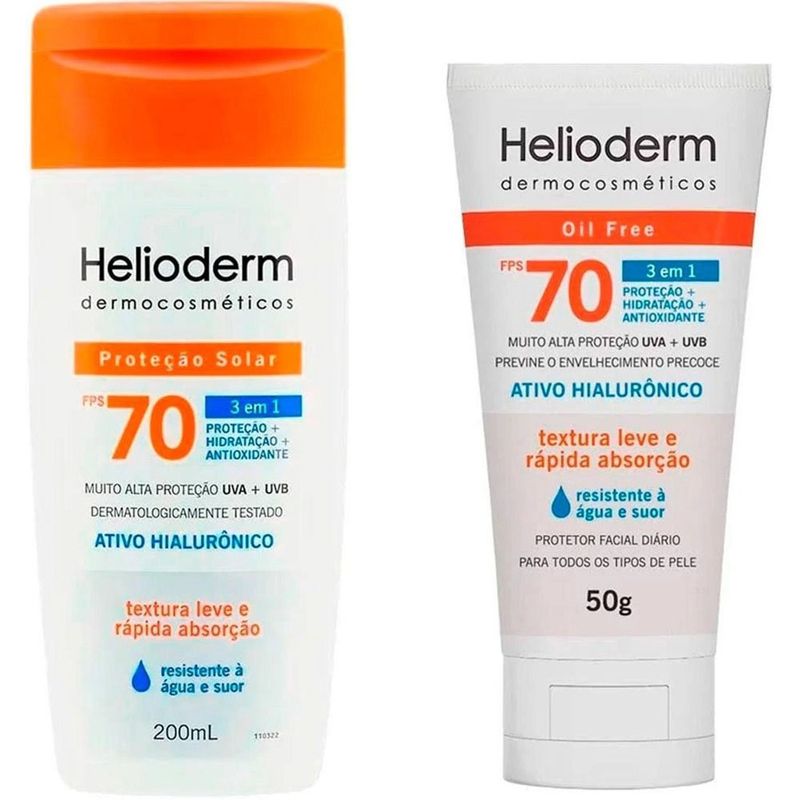 kit helioderm protetor solar corporal fps70 200ml + protetor solar facial fps70 50g