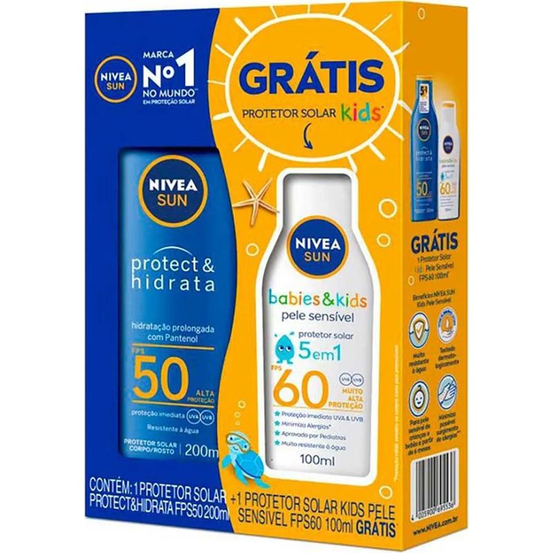 kit protetor solar corporal nivea sun 1 protetor adulto protect & hidrata fps 50 200ml + 1 protetor kids fps 60 100ml