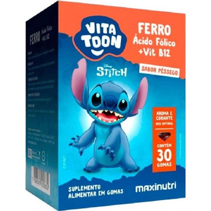 vitatoon stitch ferro ácido fólico e vitamina b12 sabor pessêgo 30 gomas maxnutri