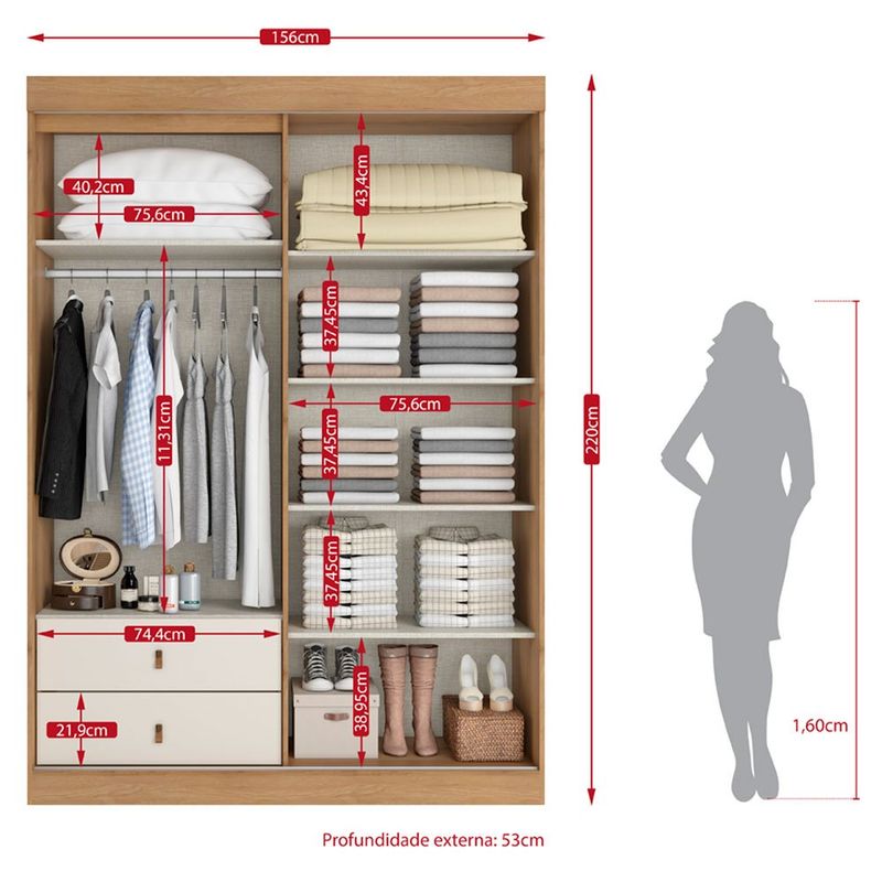 guarda-roupa 3 portas 2 gavetas thb aspen capuccino e off-white 5926