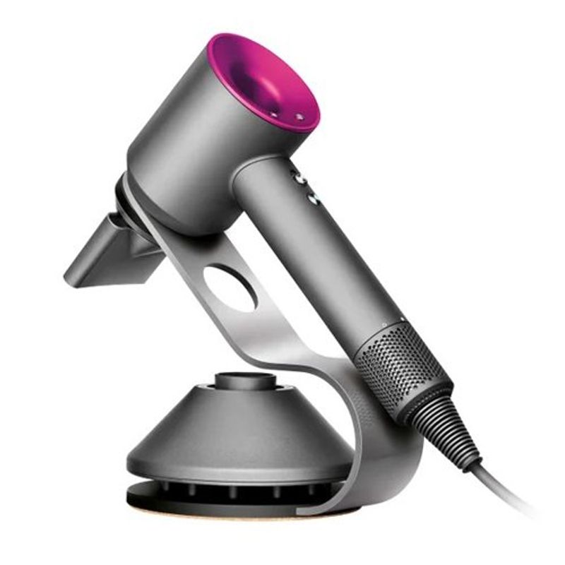 secador de cabelo dyson com suporte preto e roxo c-bi