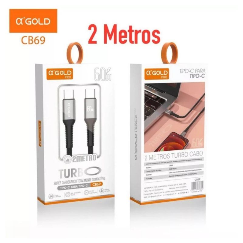 cabo usb-c para usb-c a'gold turbo 60w (mp)