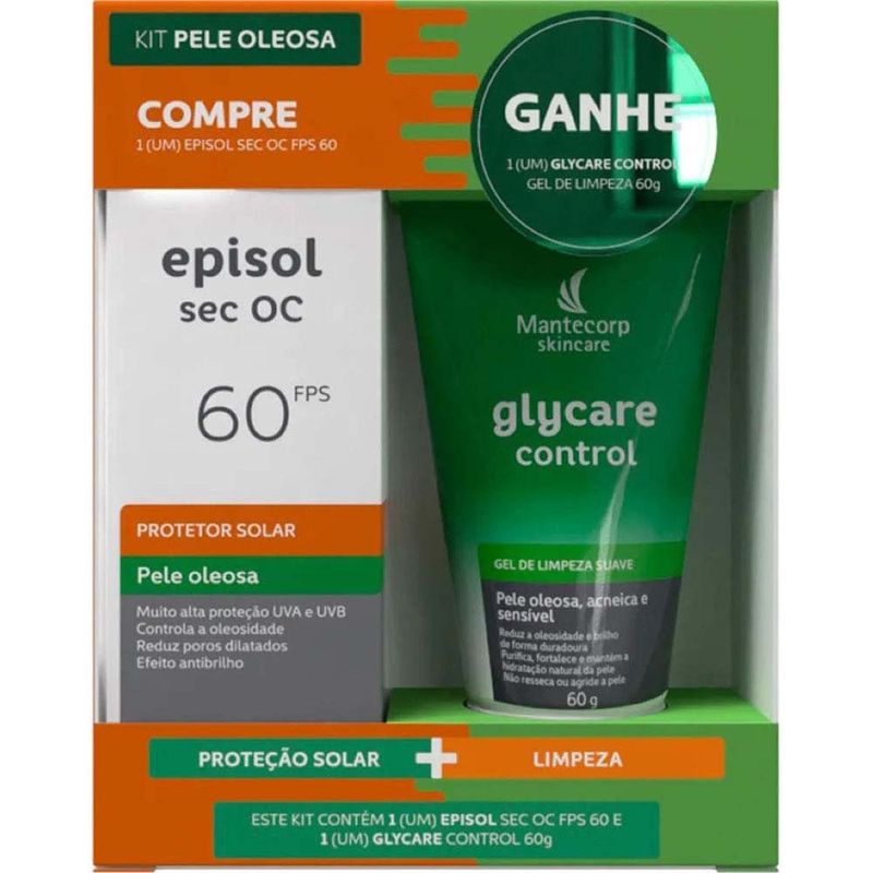 kit episol pele oleosa protetor solar sec oc fps 60 + gel de limpeza glycare control 60ml