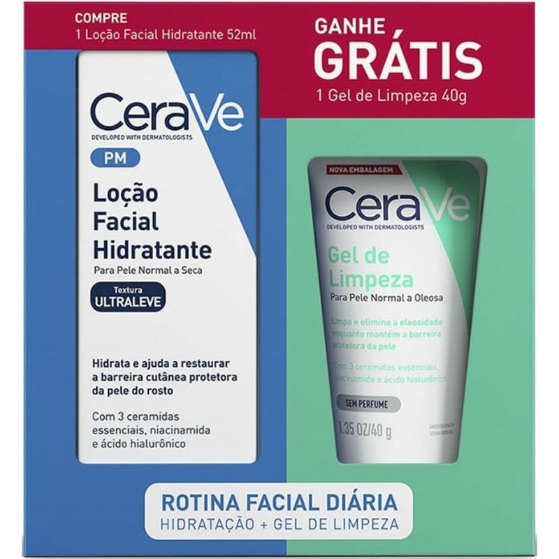 kit cerave loção facial hidratante 52ml + gel de limpeza 40g
