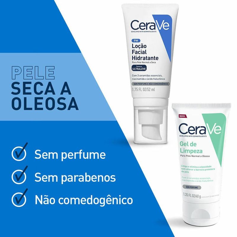 kit cerave loção facial hidratante 52ml + gel de limpeza 40g