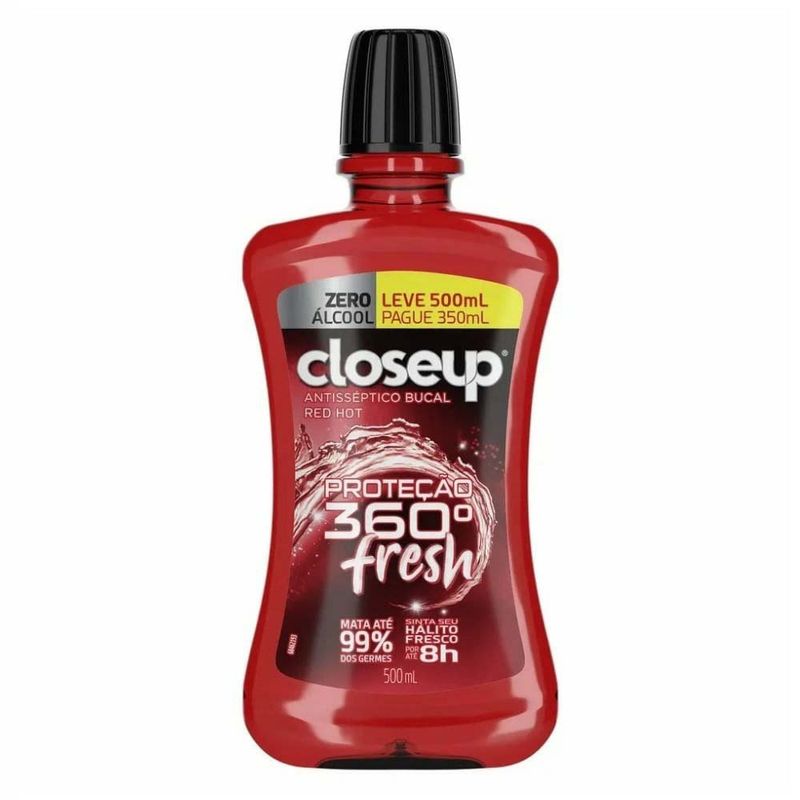 enxaguante bucal closeup red hot proteção 360 fresh zero álcool 500ml
