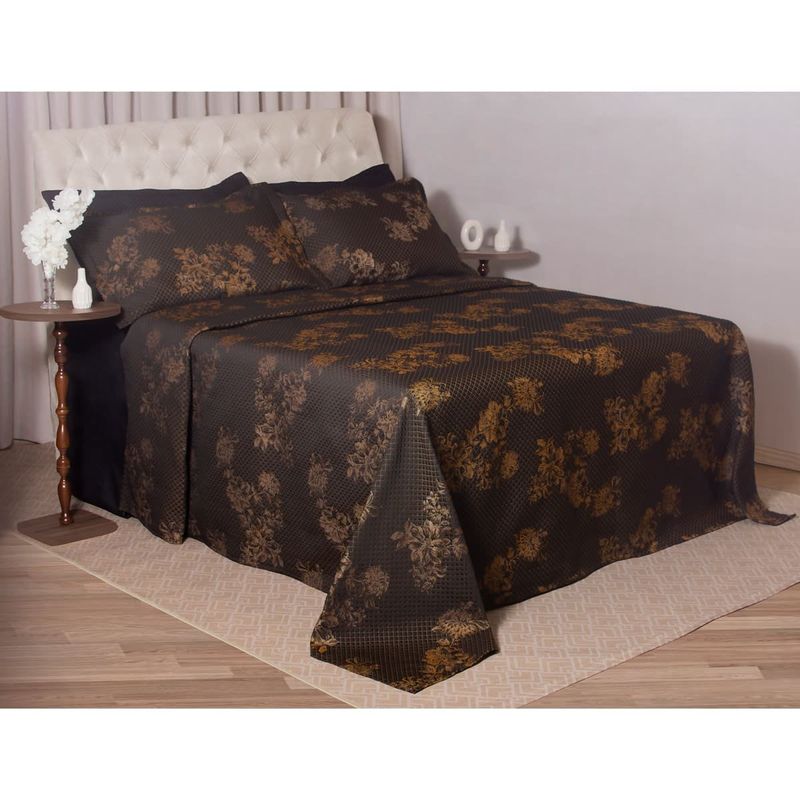 kit colcha queen branyl 3 peças dalia preto e mostarda 235x260cm (mp)