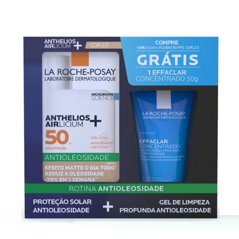 protetor solar facial anthelios airlicium+ fps 50 cor 2.0 40g e gel de limpeza effaclar concentrado 50g roche-posay
