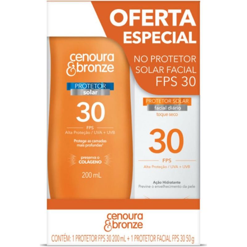 protetor solar corporal fps30 200ml +protetor solar facial fps30 50g cenoura & bronze
