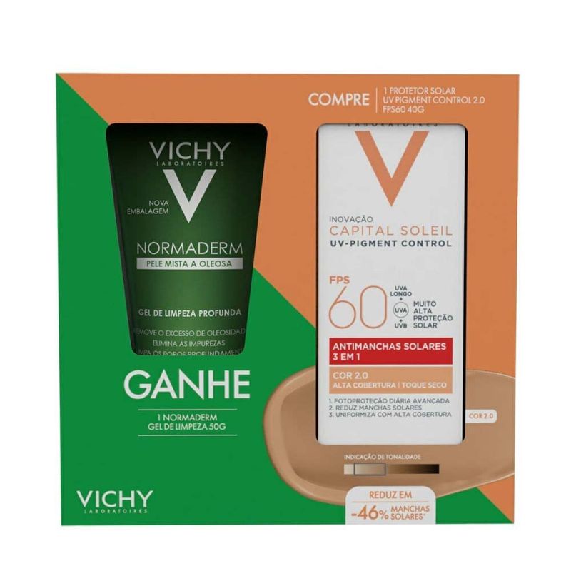 kit vichy protetor solar capital soleil uv-pigment control fps60 cor 2.0 40g + gel de limpeza profunda normaderm 50g