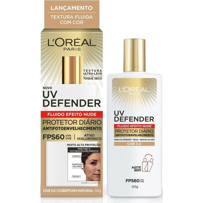 protetor solar facial l'oréal paris uv defender fluido cor média 3.0 fps60 40g