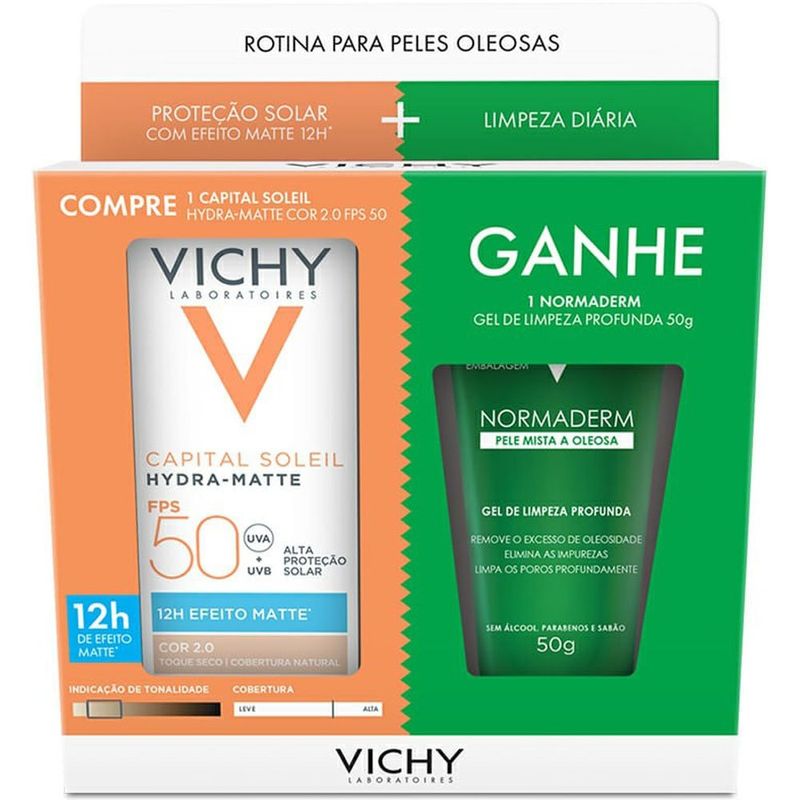 kit vichy protetor solar facial capital soleil hydra-matte fps 50 cor 2.0 30g + gel de limpeza profunda normaderm 50g