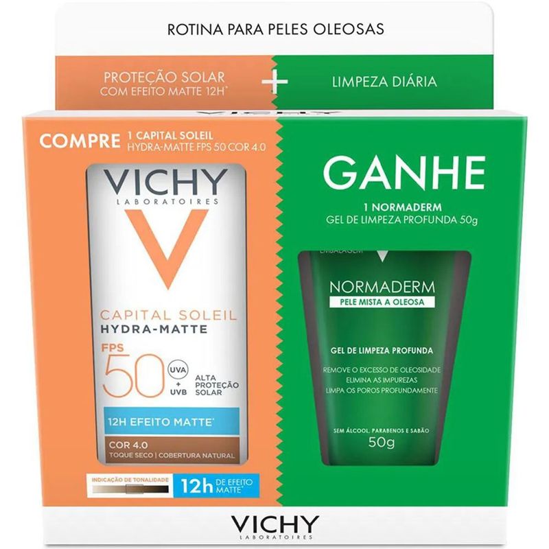 kit vichy protetor solar facial capital soleil hydra-matte fps 50 cor 4.0 30g + gel de limpeza profunda normaderm 50g