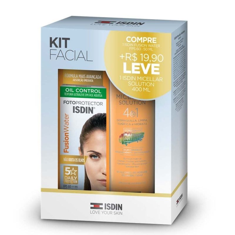 kit isdin protetor solar fusion water fps60 50ml + micellar solution 400ml