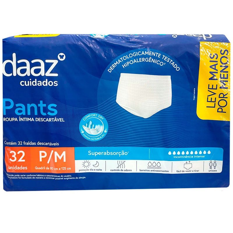 roupa íntima descartável adulto geriátrica daaz pants tamanho p/m 32 unidades