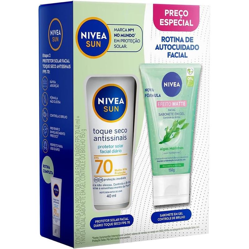 kit nivea rotina de autocuidado facial protetor solar fps 70 40ml + sabonete em gel 150g