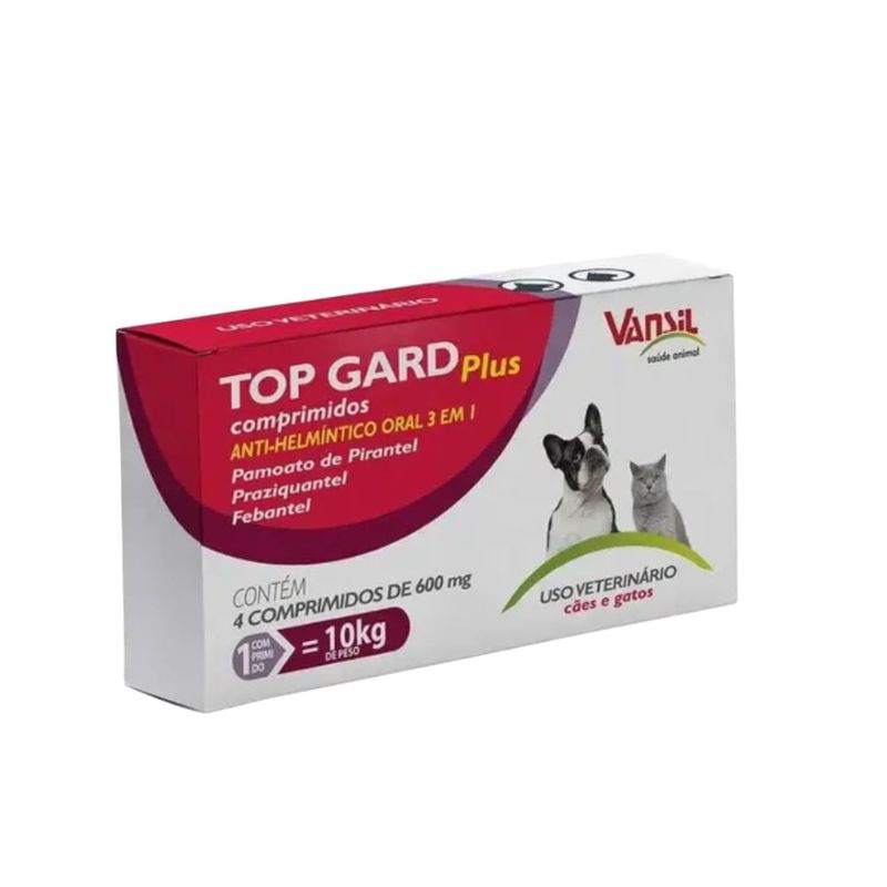vermífugo vansil top gard plus 600mg para cães e gatos com 4 comprimidos (mp)