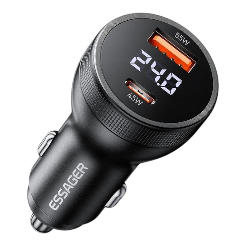 carregador veicular essager rápido 100w usb/usb-c preto (mp)