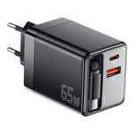 carregador de viagem essager 65w gan usb/usb-c com cabo retrátil preto (mp)