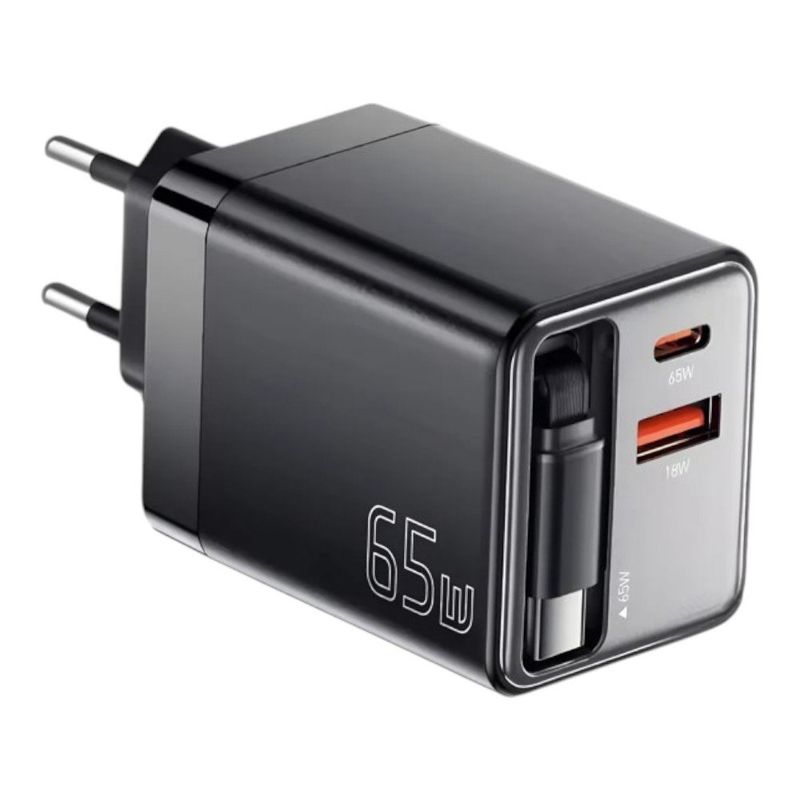 carregador de viagem essager 65w gan usb/usb-c com cabo retrátil preto (mp)