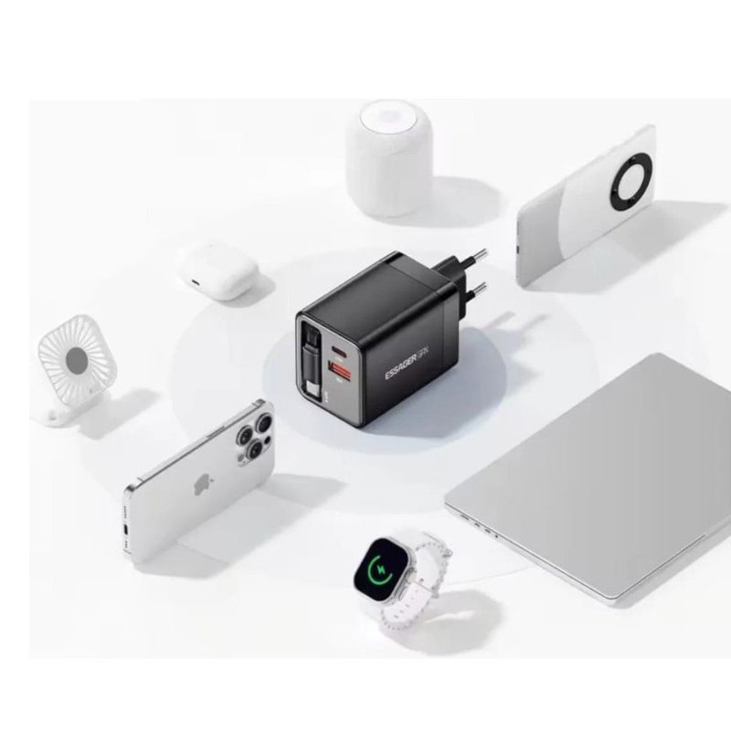 carregador de viagem essager 65w gan usb/usb-c com cabo retrátil preto (mp)