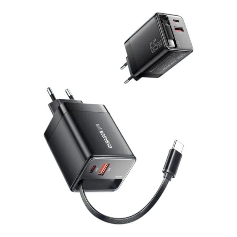 carregador de viagem essager 65w gan usb/usb-c com cabo retrátil preto (mp)