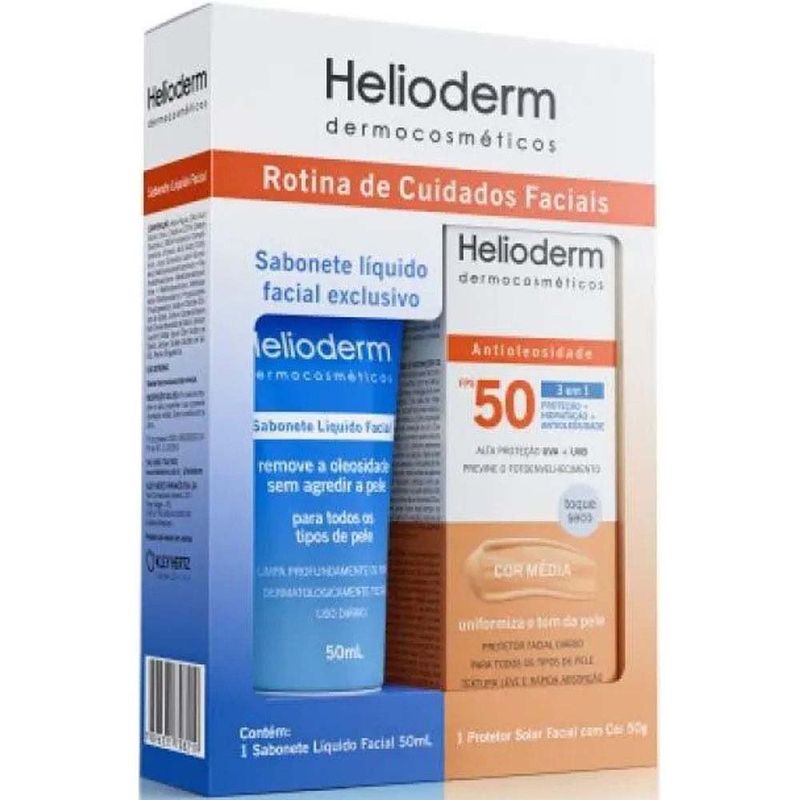 protetor helioderm facial protetor solar fps50 cor média + sabonete liquido 50ml