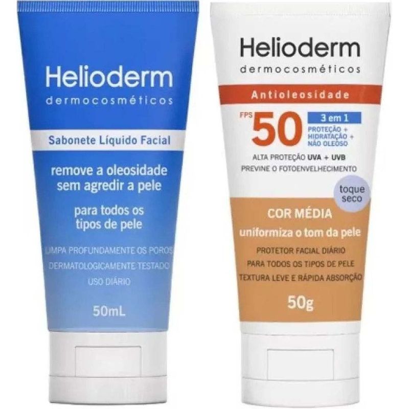 protetor helioderm facial protetor solar fps50 cor média + sabonete liquido 50ml