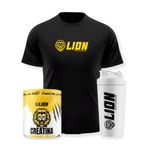 creatina lion 300g 100% pura + coqueteleira 600ml + camisa unissex g rag lan poliamida preta (mp)