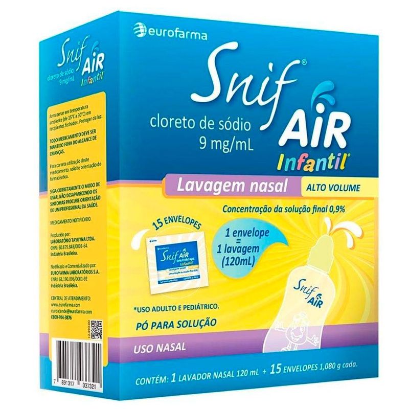 snif air infantil cloreto sódio 0,9% 15 envelopes de 1,08g + lavador nasal 120ml eurofarma