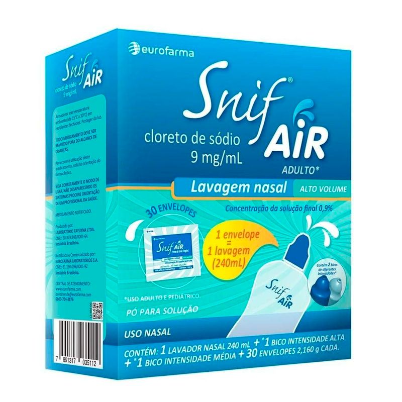 snif air adulto cloreto sódio 0,9% 30 envelopes de 2,16g + lavador nasal 240ml eurofarma