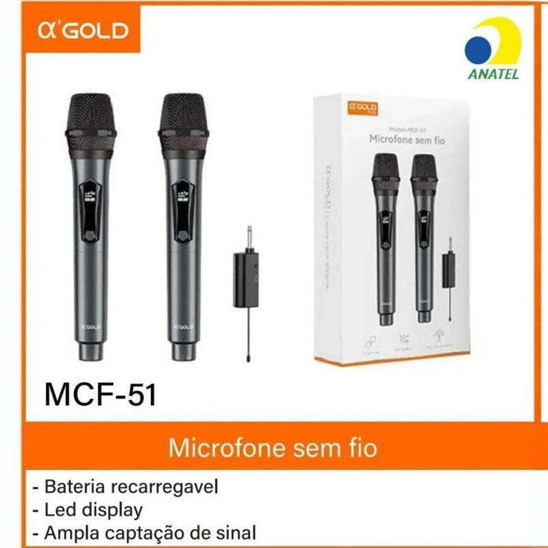 kit 2 microfones sem fio a'gold mcf-51 profissional recarregável (mp)