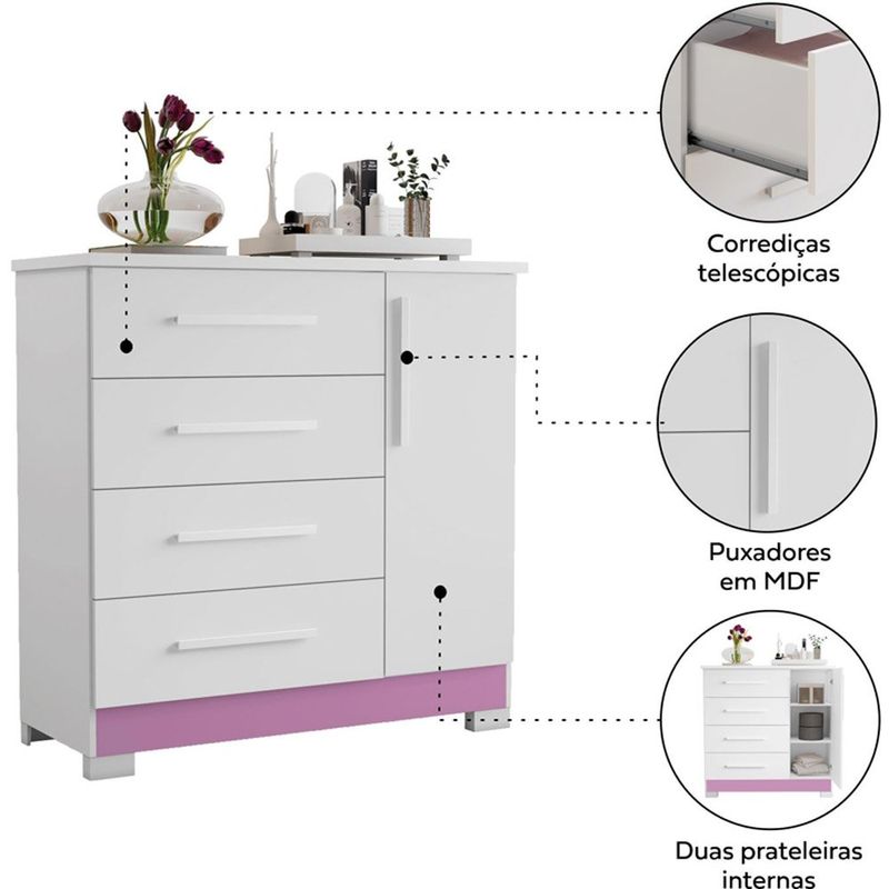 cômoda notável branco e rosa nt5185