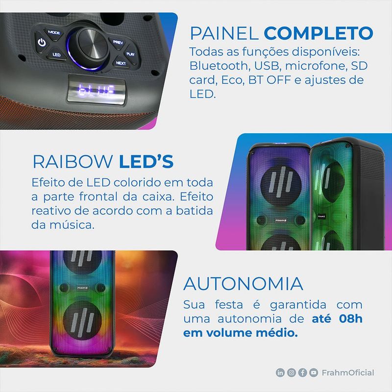 caixa de som amplificada frahm lumi tower 670w preto