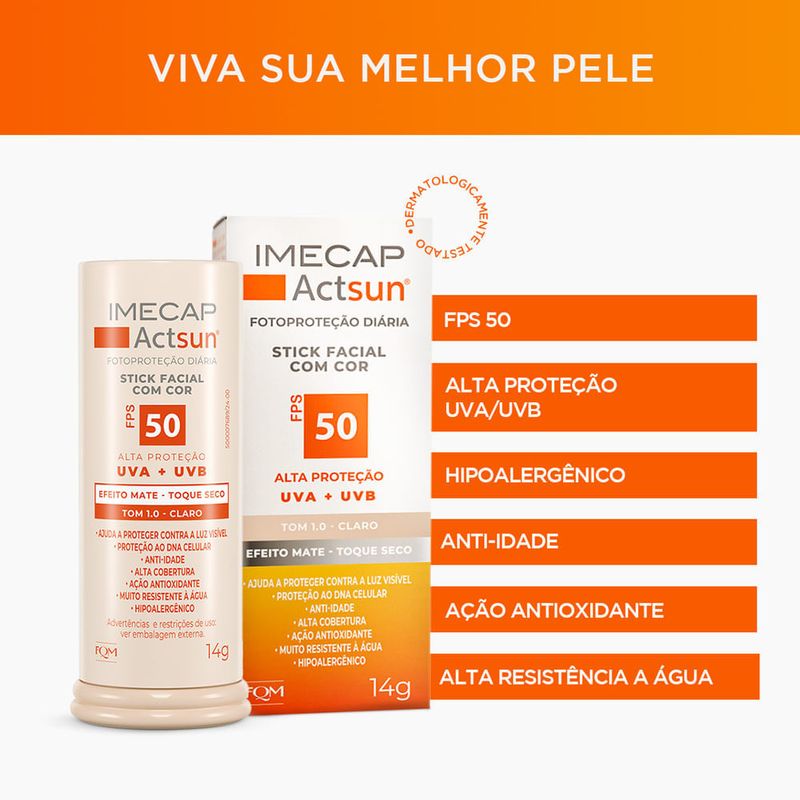 protetor solar facial stick fps50 imecap actsun toque seco tom 1.0 claro