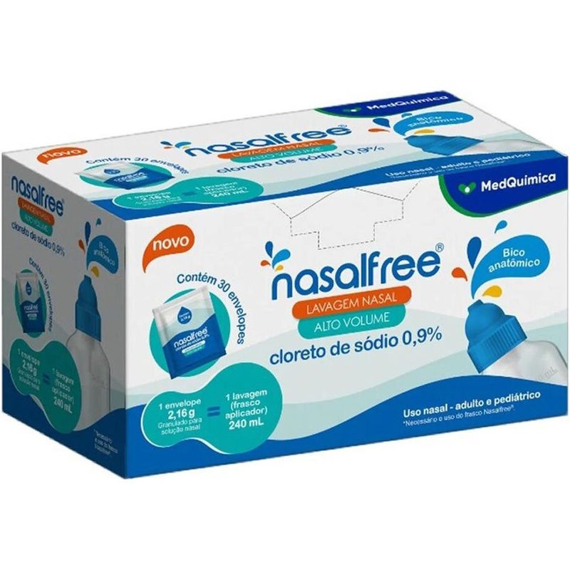 nasalfree cloreto de sódio 0,9% pó para lavagem nasal 30 sachês + frasco aplicador 240ml medquimica