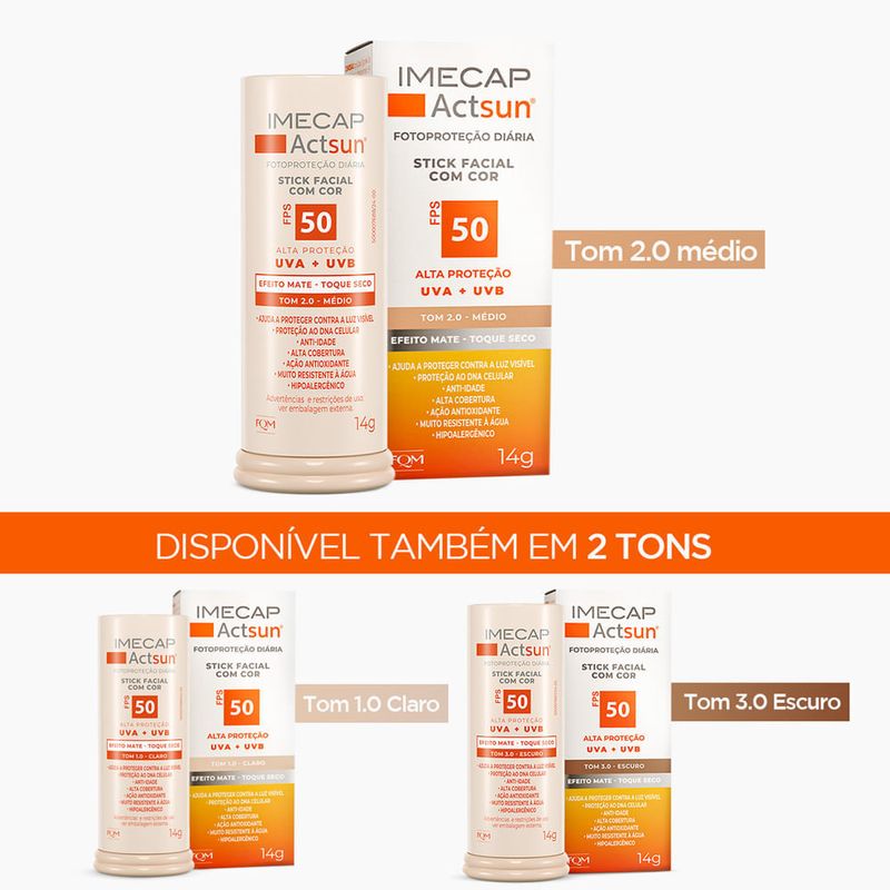 protetor solar facial stick fps50 imecap actsun toque seco tom 2.0 médio