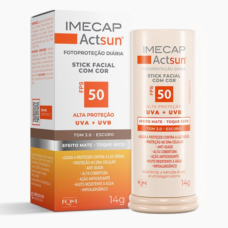 protetor solar facial stick fps50 imecap actsun toque seco tom 3.0 escuro