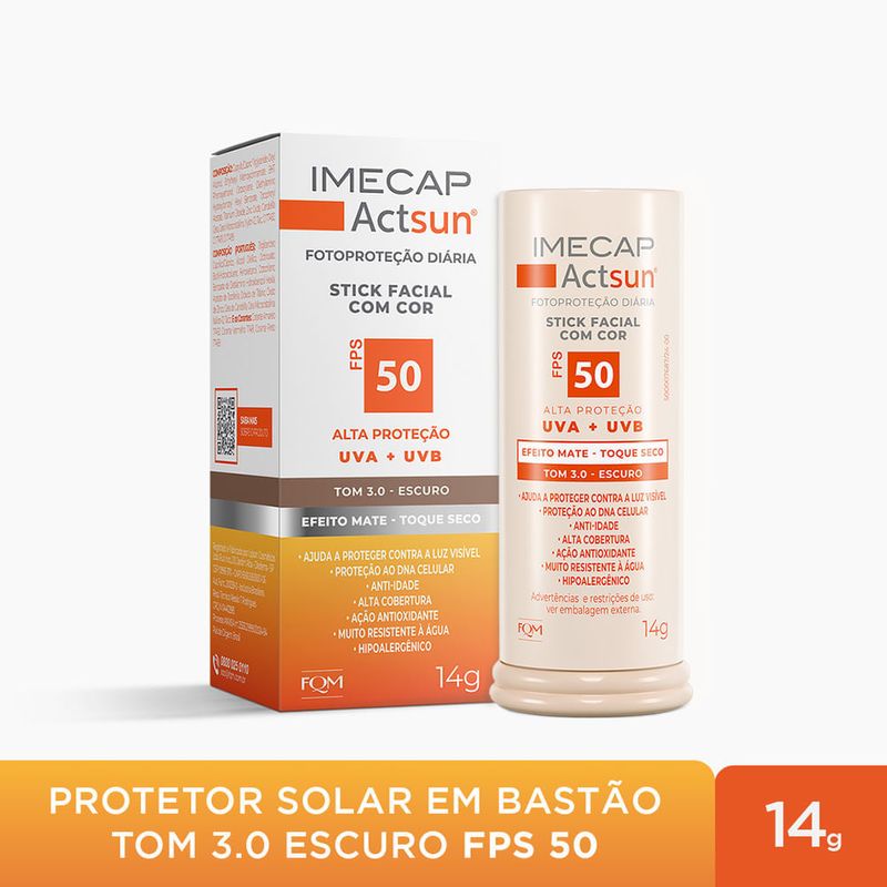 protetor solar facial stick fps50 imecap actsun toque seco tom 3.0 escuro