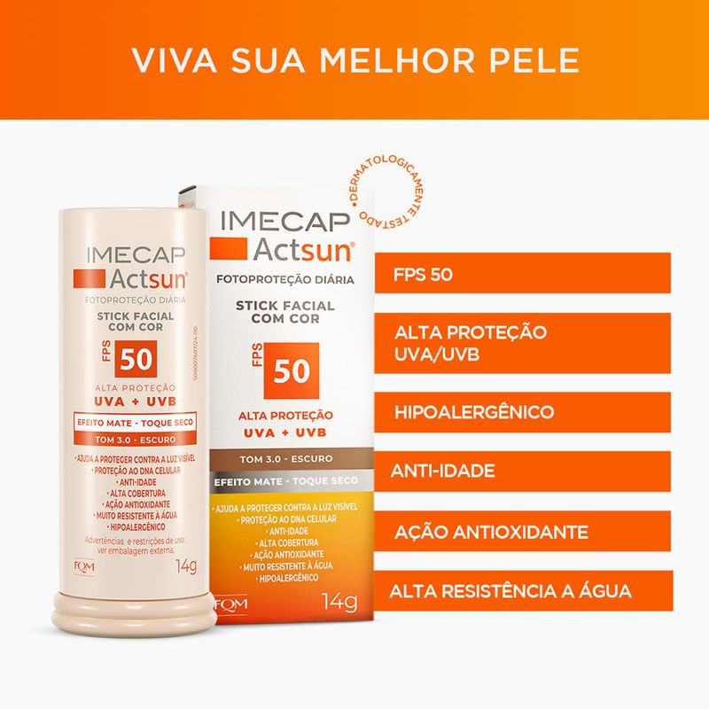 protetor solar facial stick fps50 imecap actsun toque seco tom 3.0 escuro