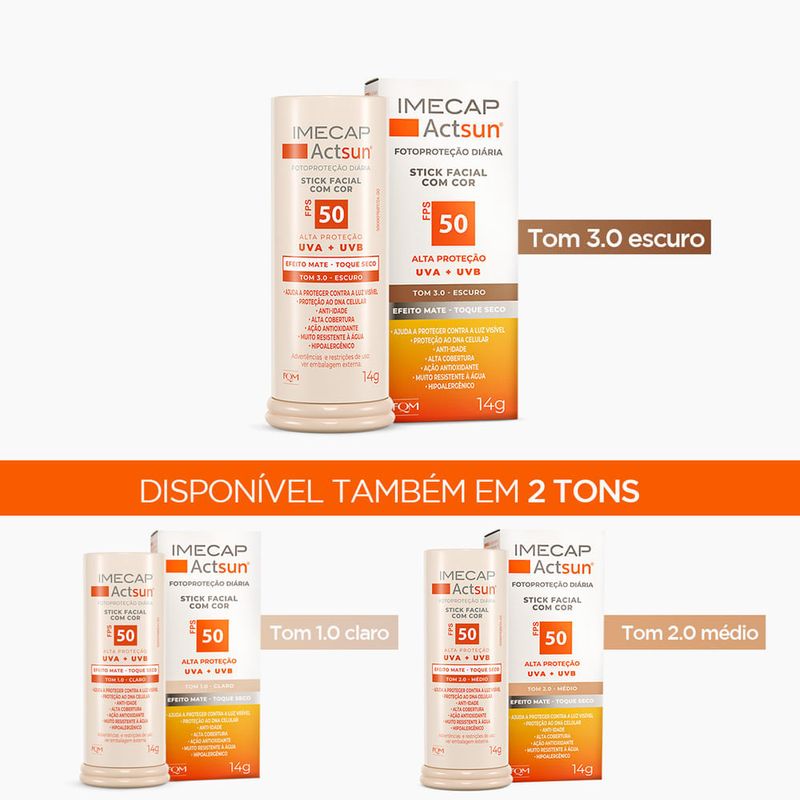 protetor solar facial stick fps50 imecap actsun toque seco tom 3.0 escuro