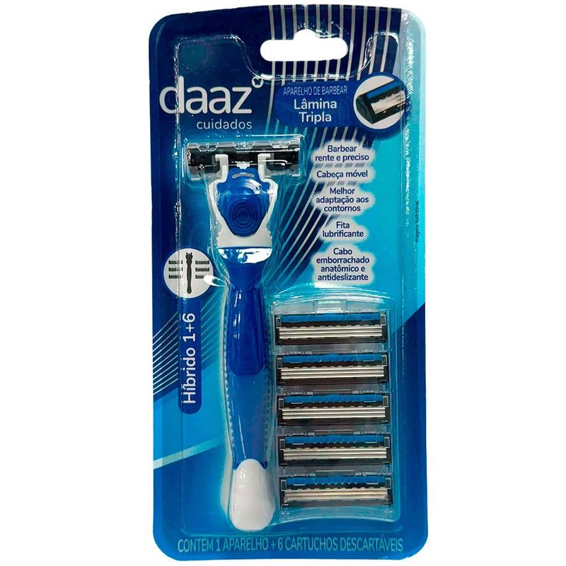 aparelho de barbear daaz híbrido + 6 cartuchos descartáveis lâmina tripla