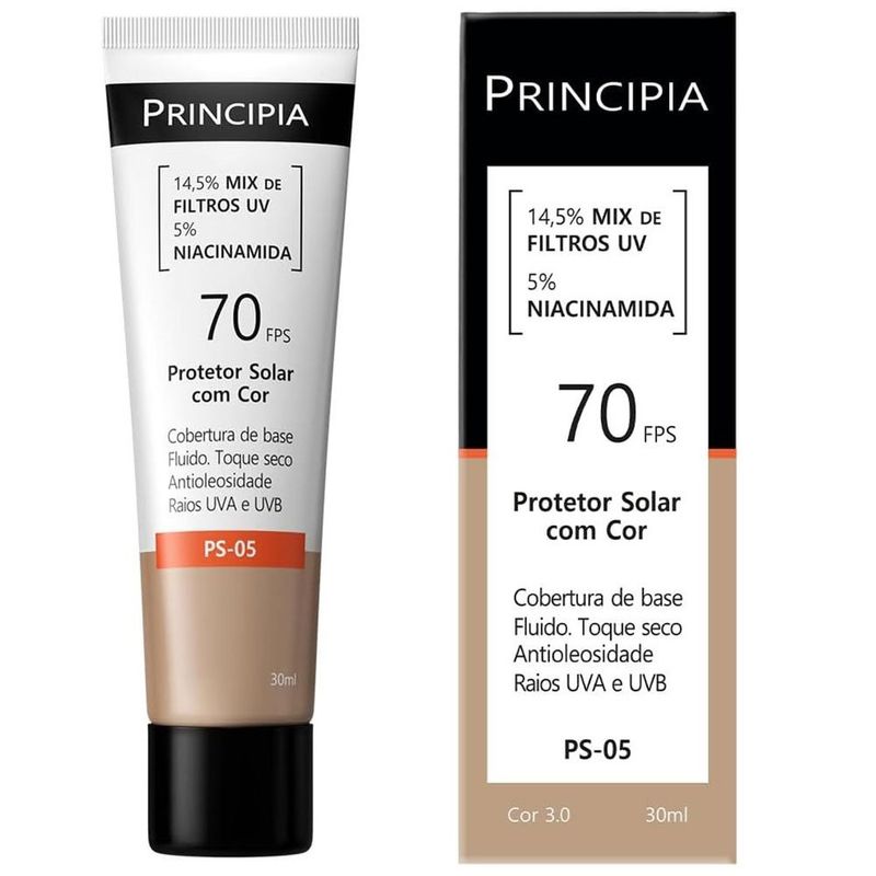 protetor solar principia 14,5% mix de filtros uv + 5% niacinamida fps70 cor 3.0 30ml