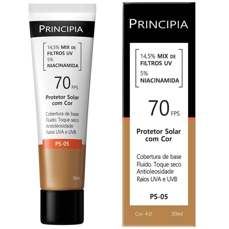 protetor solar principia 14,5% mix de filtros uv + 5% niacinamida fps70 cor 4.0 30ml