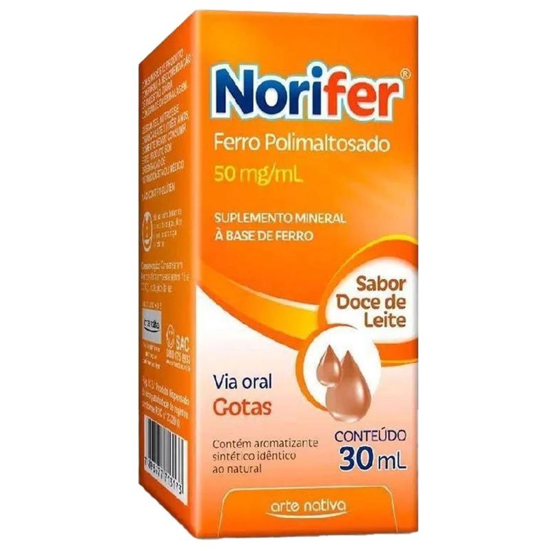 norifer bisglicinato ferroso 50mg/ml 3ml gotas sabor doce de leite arte nativa