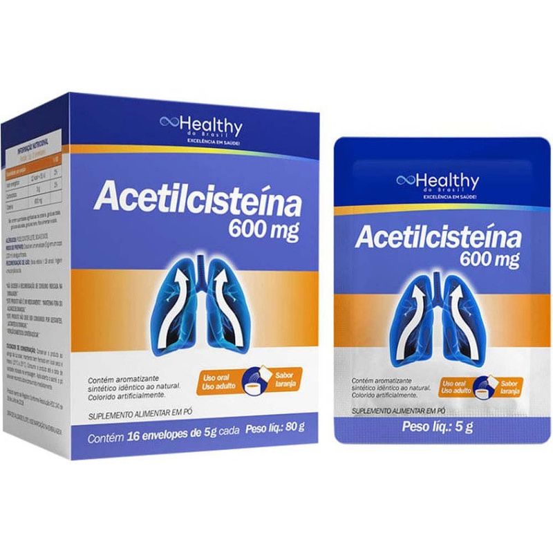 acetilcisteína 600mg 16 envelopes 5 cada pó sabor laranja healthy do brasil