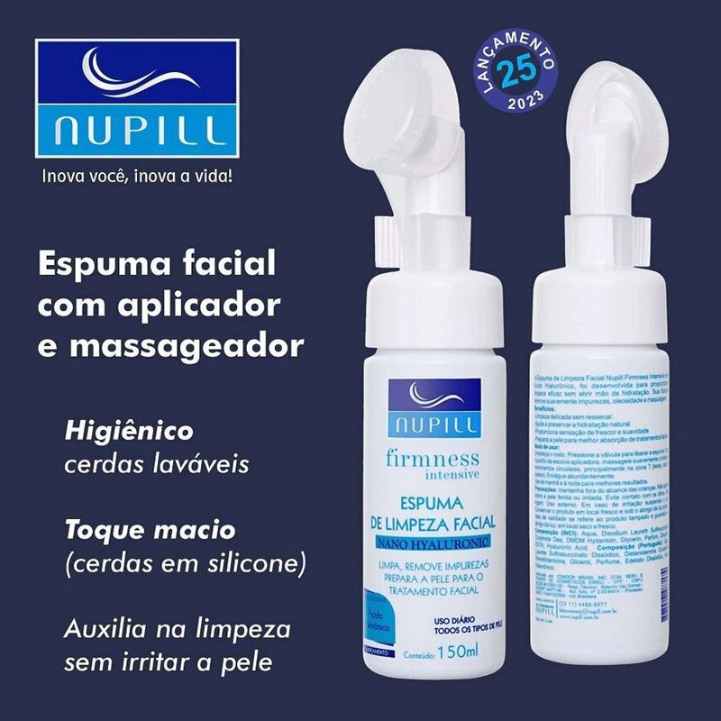 espuma de limpeza facial com aplicador e massageador nupill nano hyaluronic 150ml