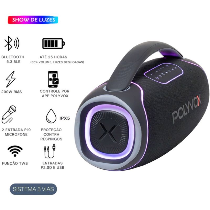 caixa de som bluetooth polyvox boombox xb-3 200w preto