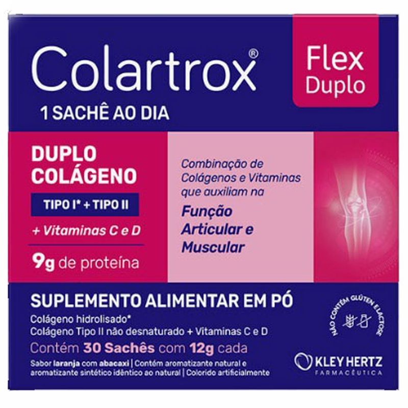 colartrox flex duplo 30 sachês colágeno tipo i e ii + vitaminas c e d kley hertz